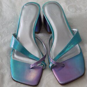 Madden Girl Cherrie Holographic Teal Purple Block Heel Sandals Size 8 Prom Party